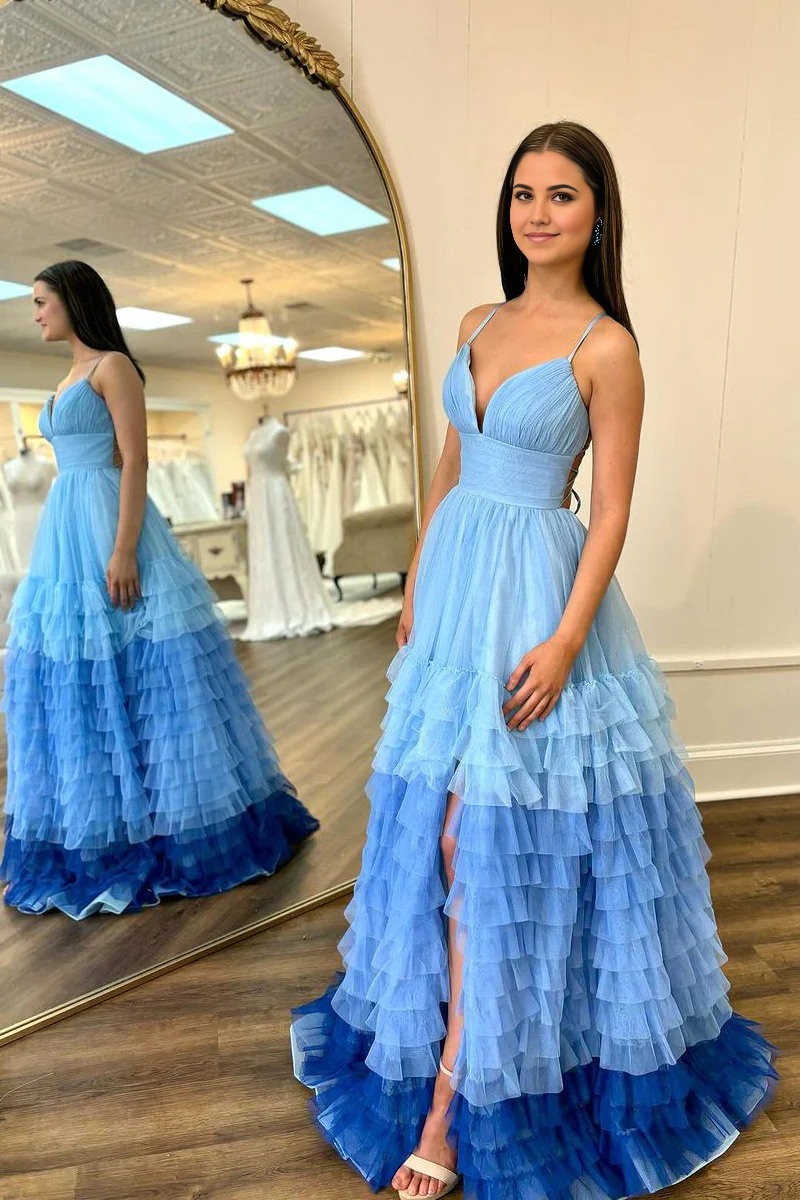 A-Line V Neck Ruffle Tulle Long Prom Dress with Slit